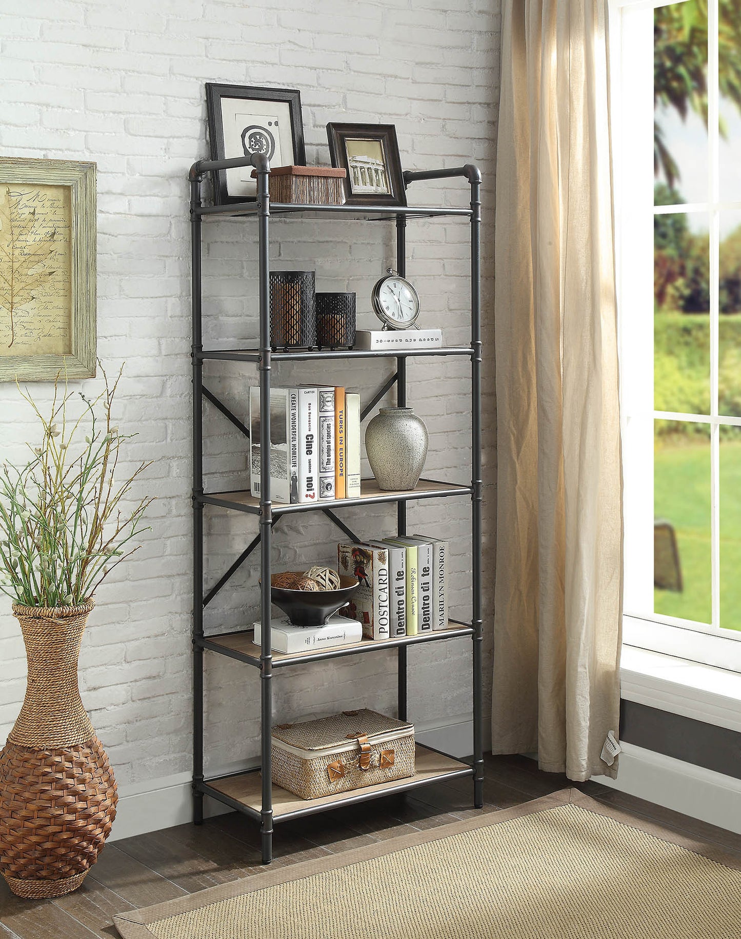 Itzel Tall Antique Industrial Bookcase | Oak & Sandy Gray - - black bookcase grey metal wood