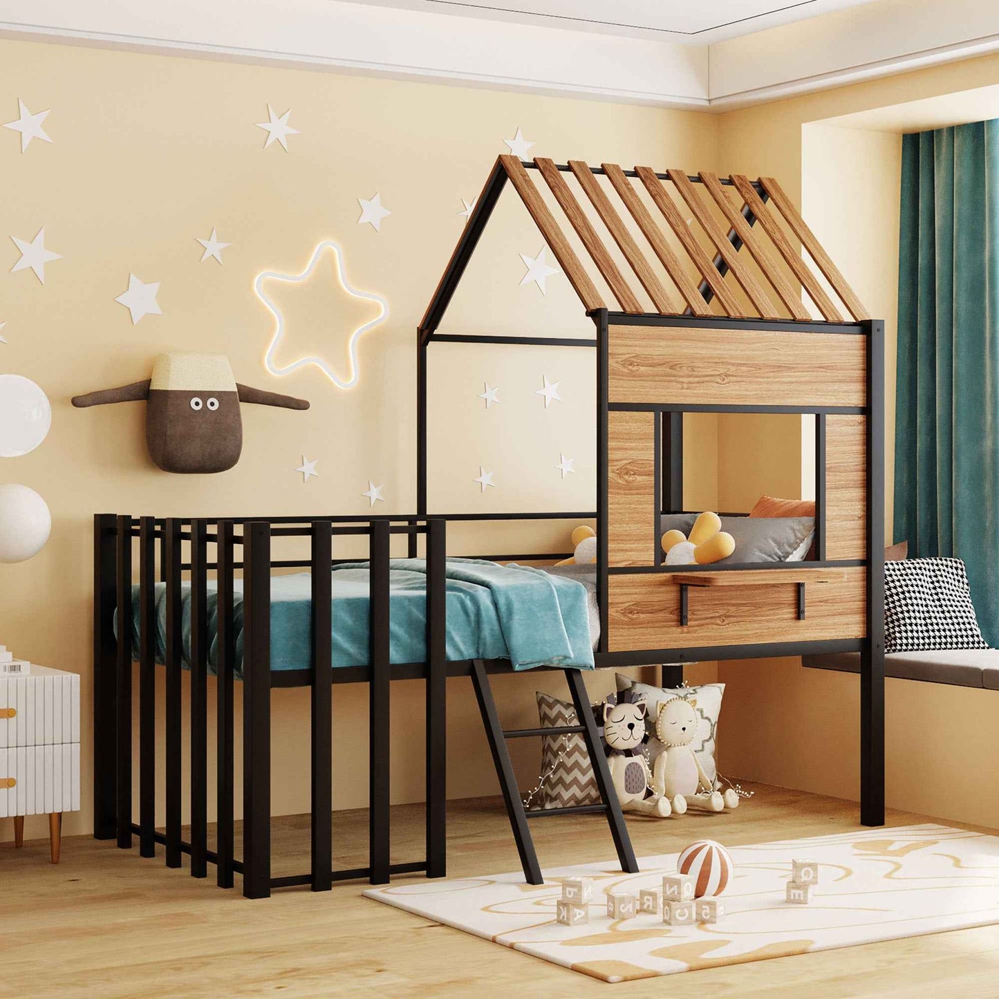 Burzuna Metal Twin size Loft Bed | Black - Default - beds