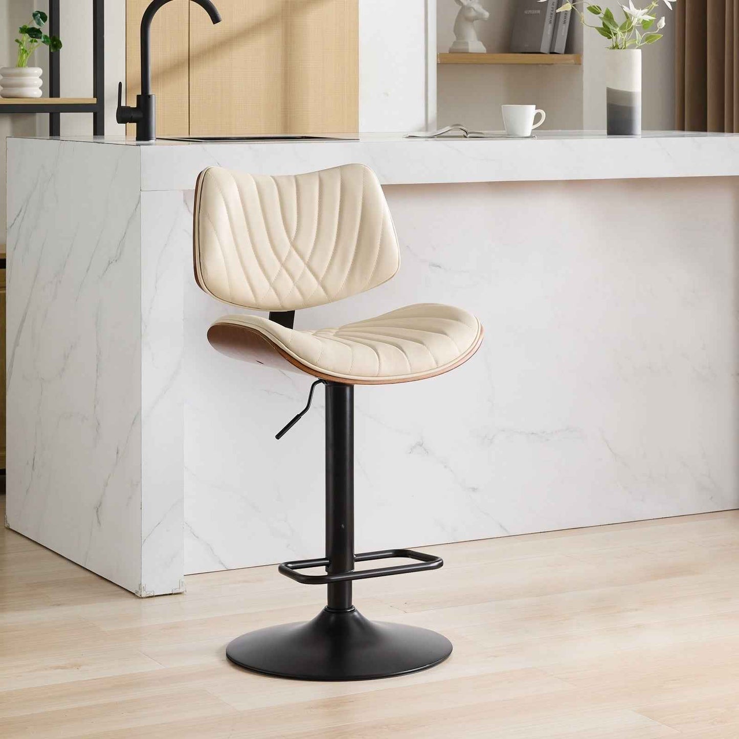 Tibele Mid-Century Swivel Bar Stool | 1 Piece | Beige & Walnut - Default - bar stools