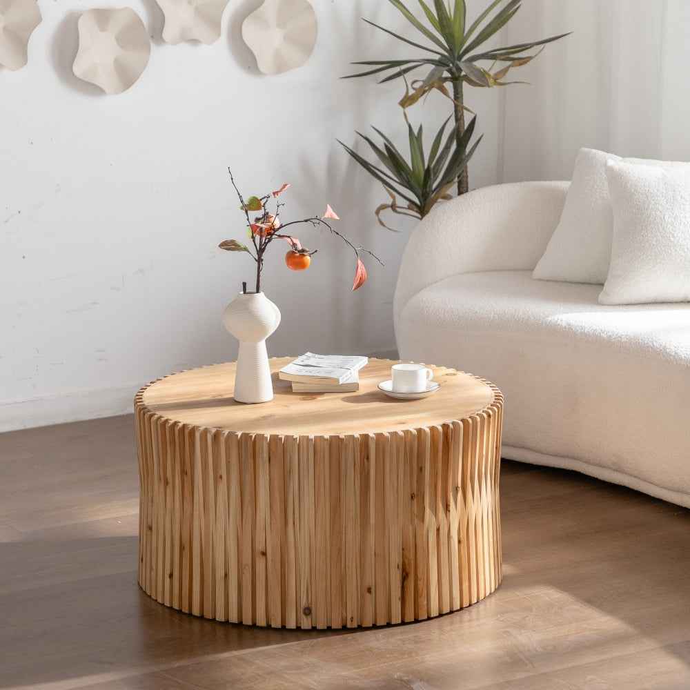 Conopot Retro Cylindrical Center Table | Vertical Texture Relief Design | Natural Brown - Default - tables