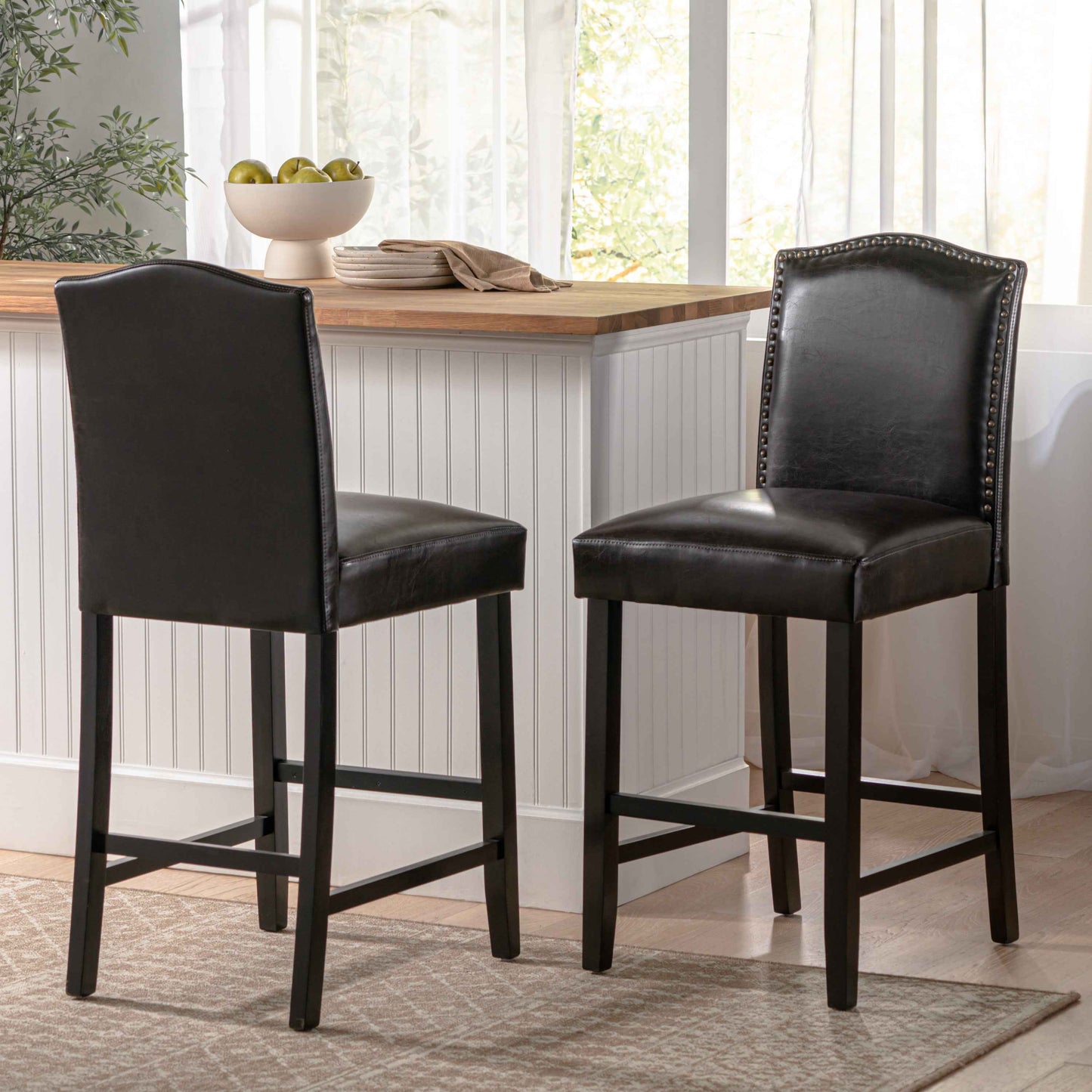 Urevvin Antique Nailhead Bar Chairs | Set of 2 | Brown & Walnut - Default - bar stools