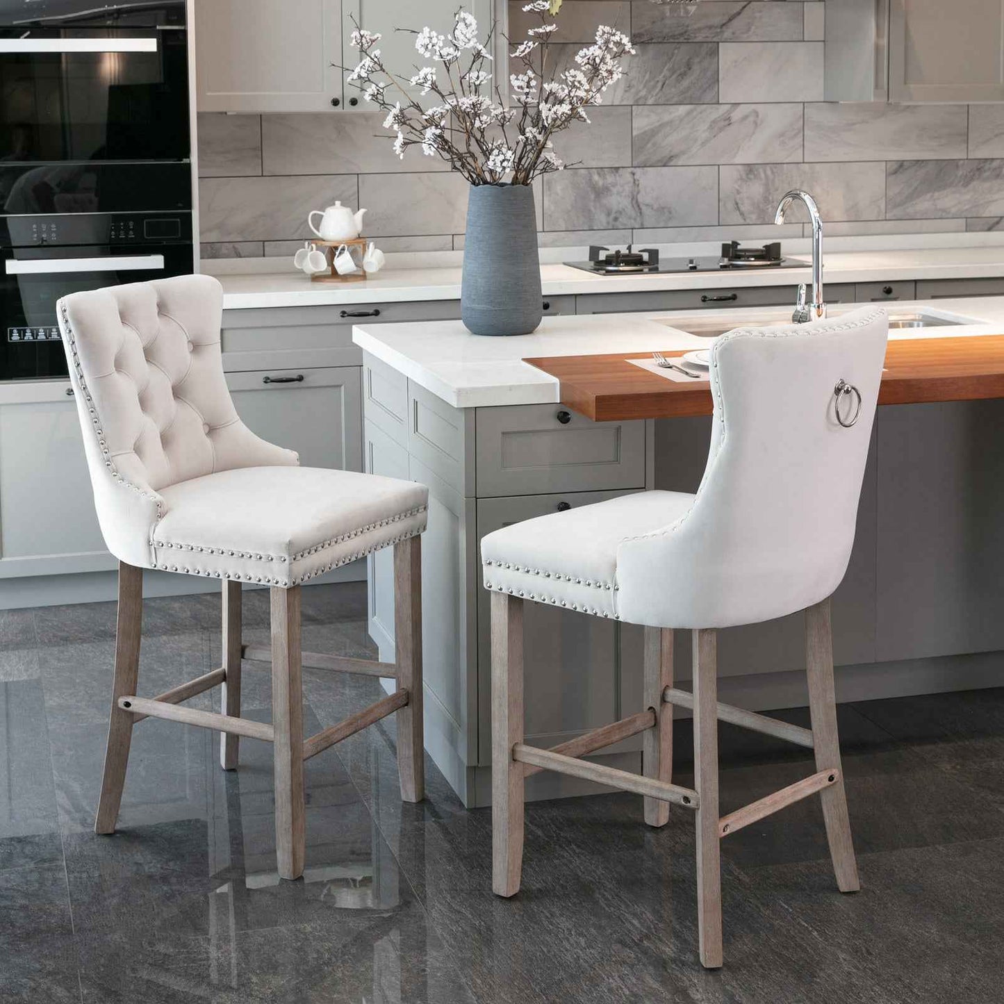 Aemina Classy Modern Bar Stools | Wooden Legs | Set of 2 | White Velvet - Default - bar stools