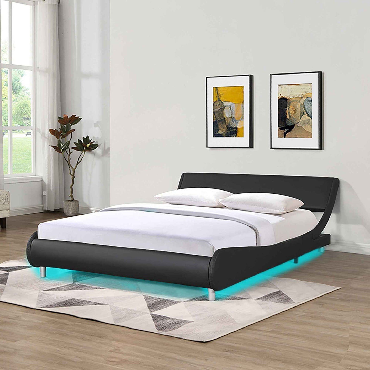 Donoxi Queen Upholstered Platform Bed Frame | LED Lighting | Black - Default - beds