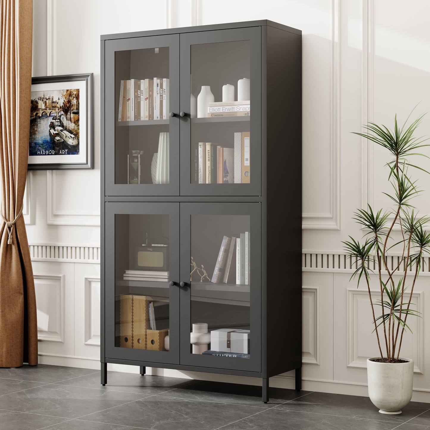 Visarelo Metal Display Cabinet | Tempered Glass | Black - - black cabinet metal
