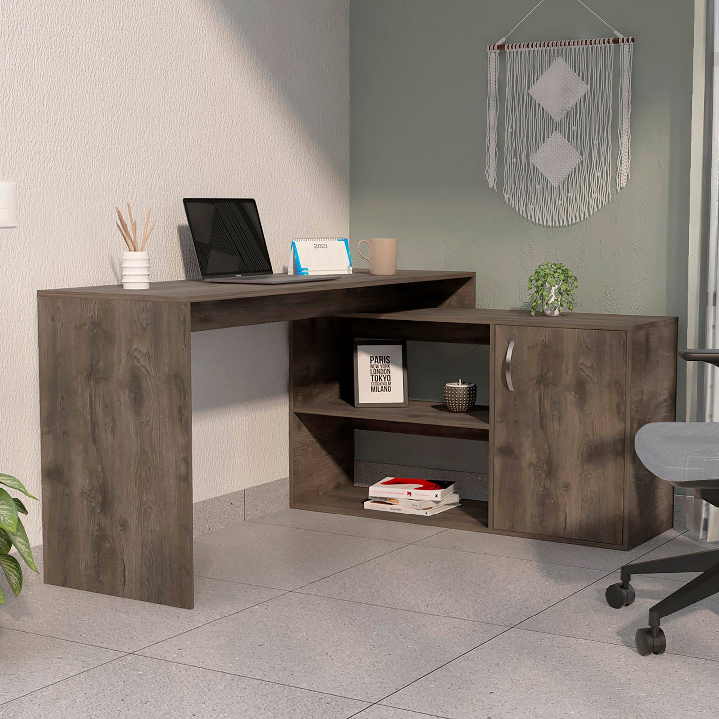 Ridley L-Shaped Office Desk | Dark Brown - - brown desk L-shape office