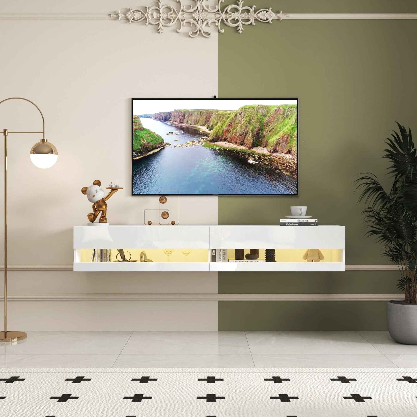Defina Floating Wall Mounted | Led Light | White & Gold - Default - tv console