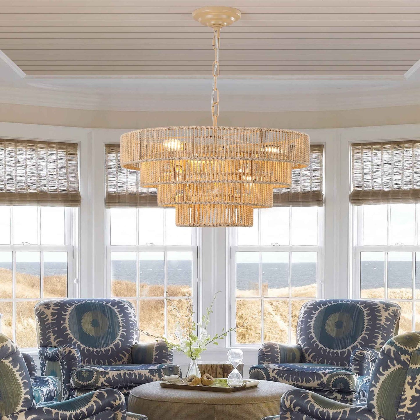 Gulini 4-Layer Woven Boho Chandelier | 6 Light Sources | Beige - Default - chandeliers