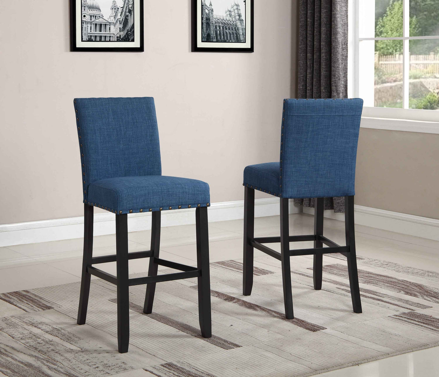 Biony Nailheaded Bar Stools | Set of 2 | Blue - Default - bar stools