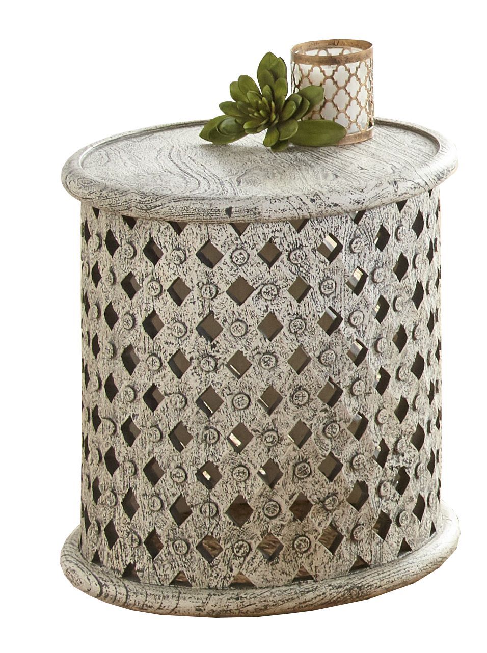 Samir Round Tribal Carved End Table | Gray - Default - tables