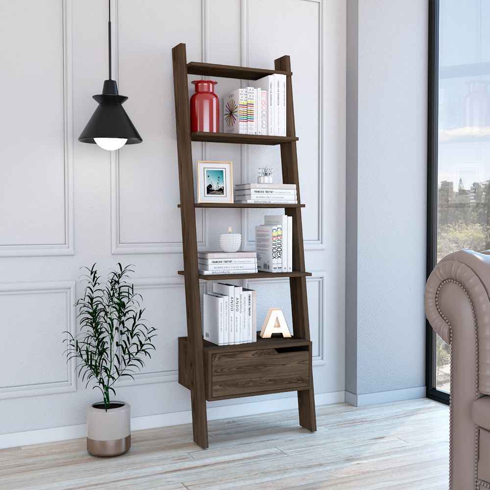 Cawson 4-Shelf Ladder Bookcase | Dark Walnut - - bookcase brown walnut wood