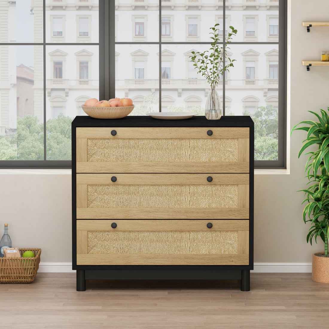 Anadhel 3-Drawer Cabinet | Rope Woven Drawers | Black - - beige black cabinet dresser wood