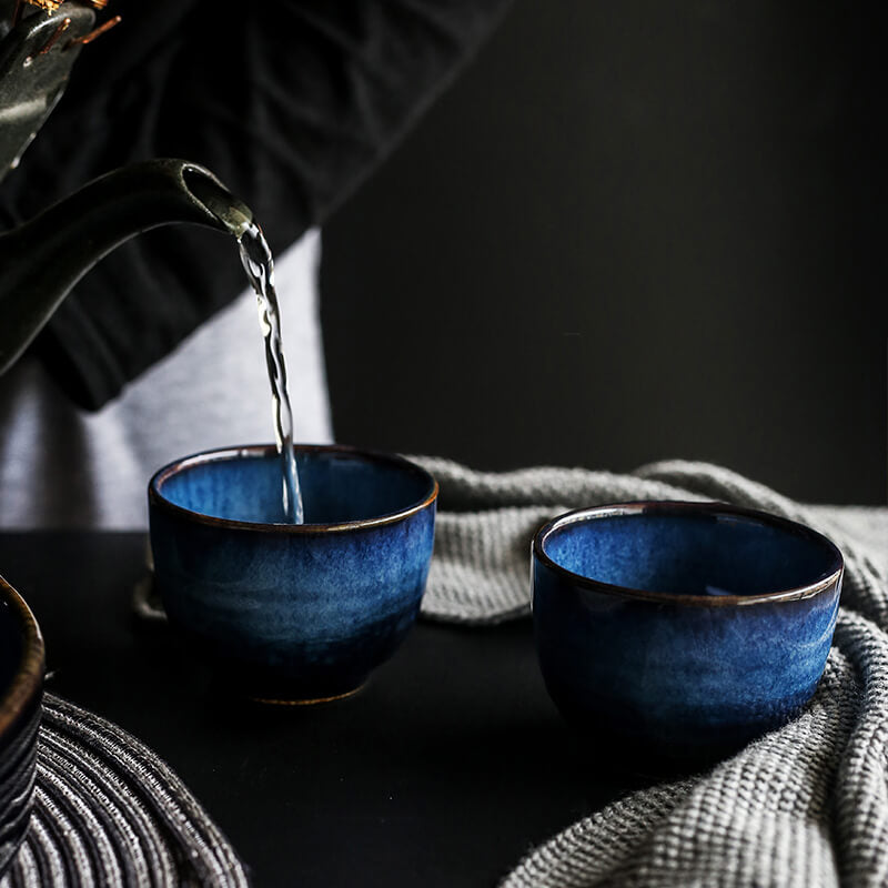 Vivid Blue Ceramic Cups & Tray - - Plate Tableware Tray