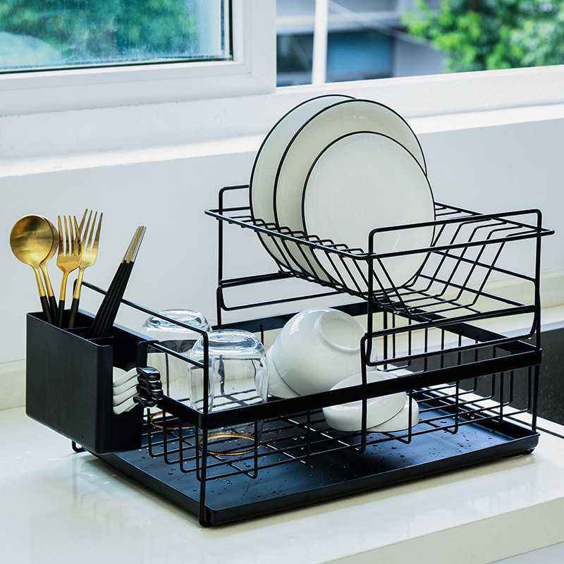 Draining Double-Tier Storage Rack - Black - black Rack Sink Storage white