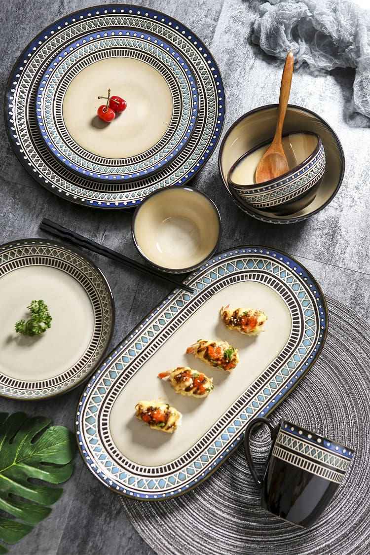 European Style Ceramic Tableware - - beige blue bowl Ceramic cup Plate Tableware