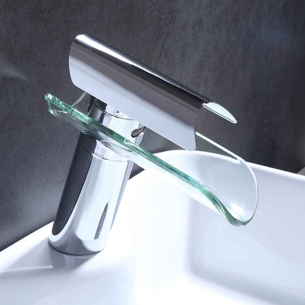 Fitto Waterfall Bathroom Faucet - - chrome chrome silver glass long low profile short silver tall profile waterfall