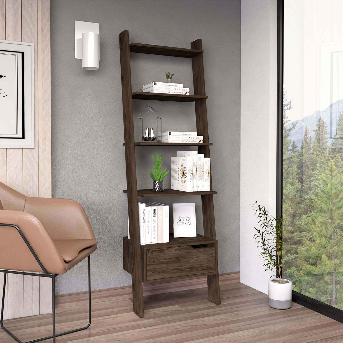 Hetohe Ladder Bookcase | Dark Walnut - - bookcase brown walnut wood