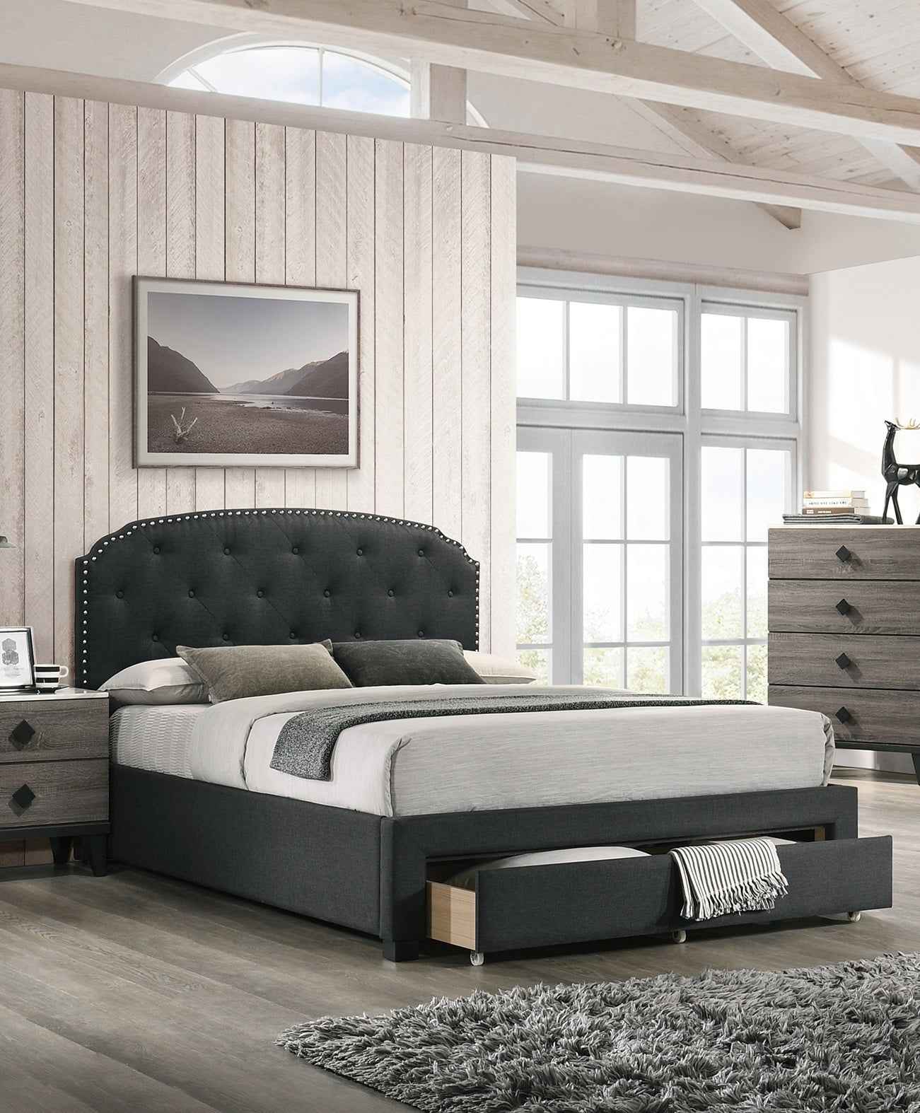 Honisma Twin Size Button Tufted Bed | Charcoal Burlap Fabric - Default - beds