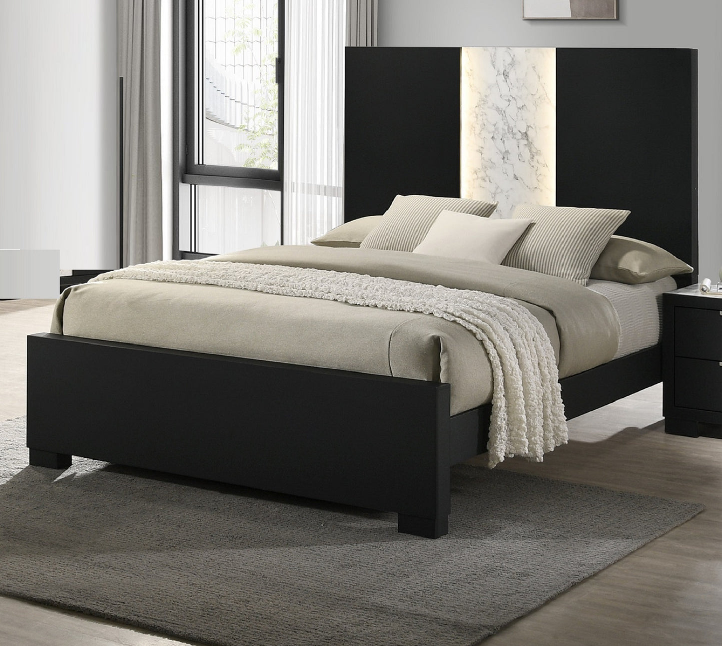 Lenectu Queen Size Bed | LED Light Headboard | Black - Default - beds
