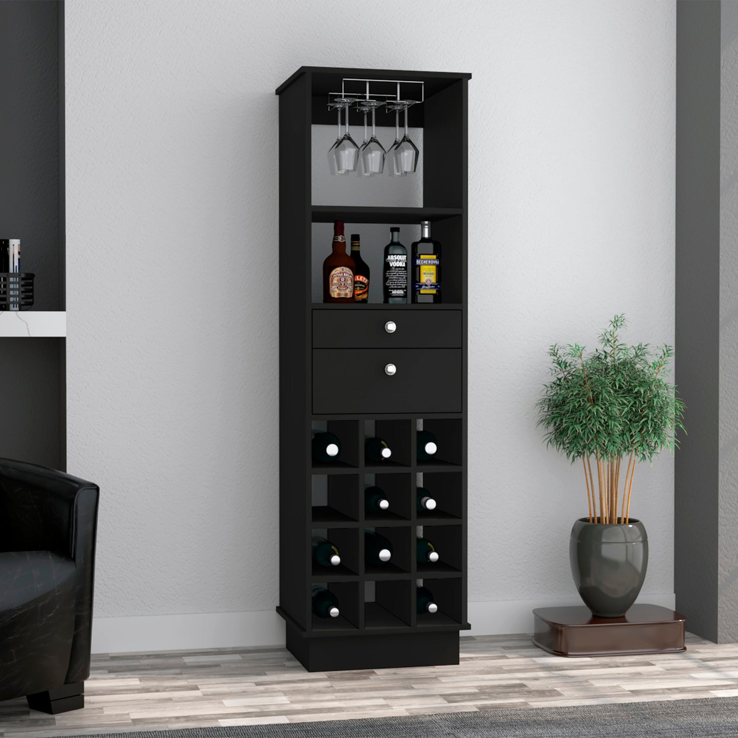 Zetupo 12-Bottle Bar Cabinet | Black - - blue cabinet wood