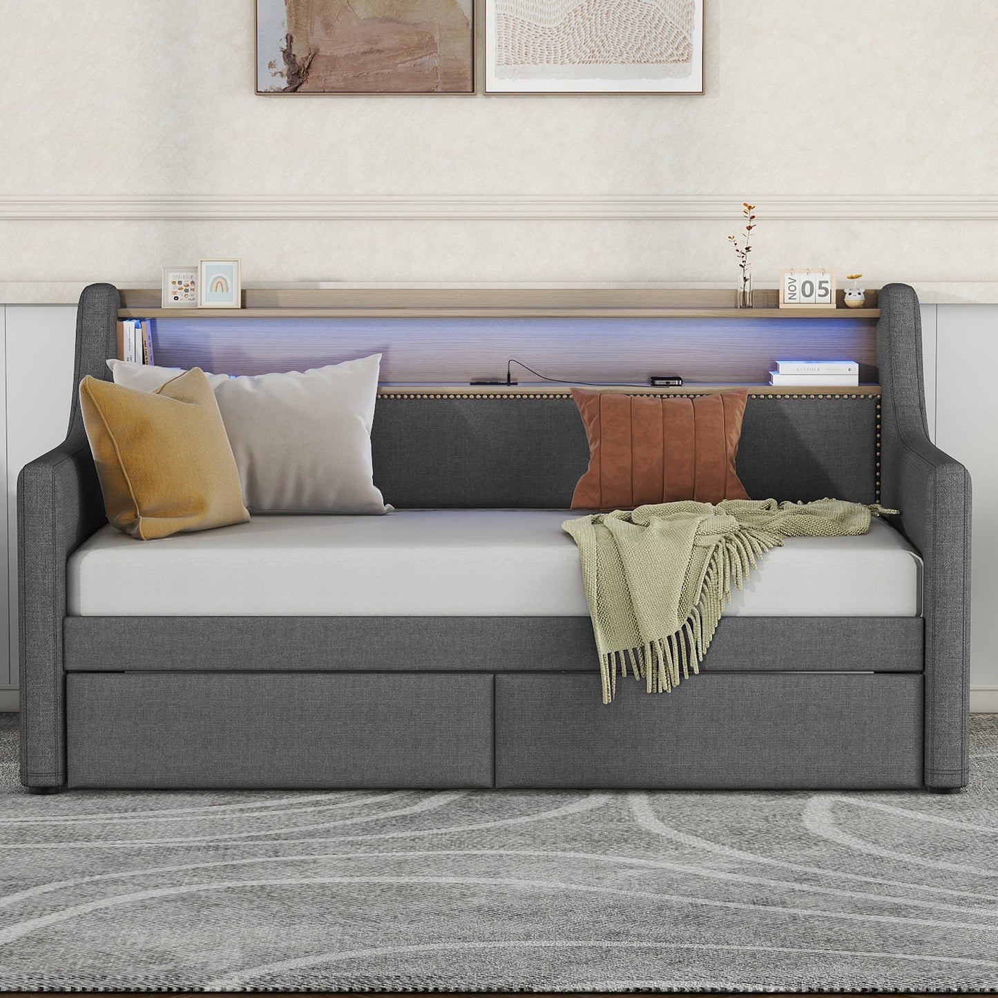 Prolati Twin Size Daybed | Charging Station & LED Lights | Gray - Default - beds