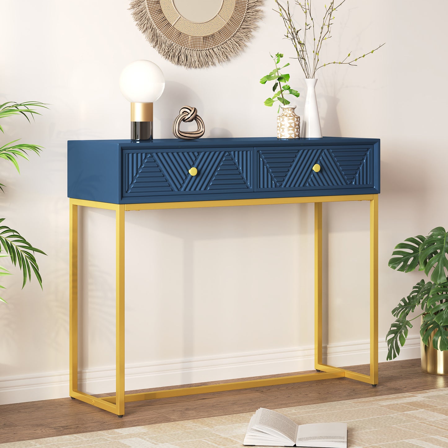 Sarmeli Sleek Console Table | Stripe Design | Navy & Gold - Default - tables