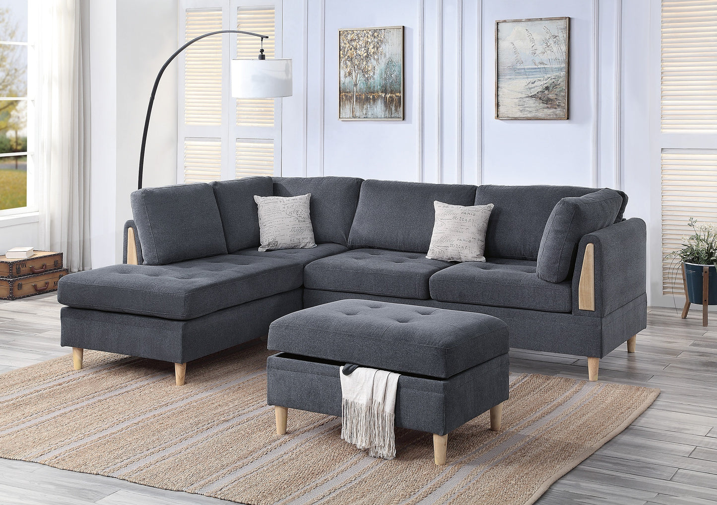 Univeus 3pcs Sectional Sofa Set | Charcoal - - sofa