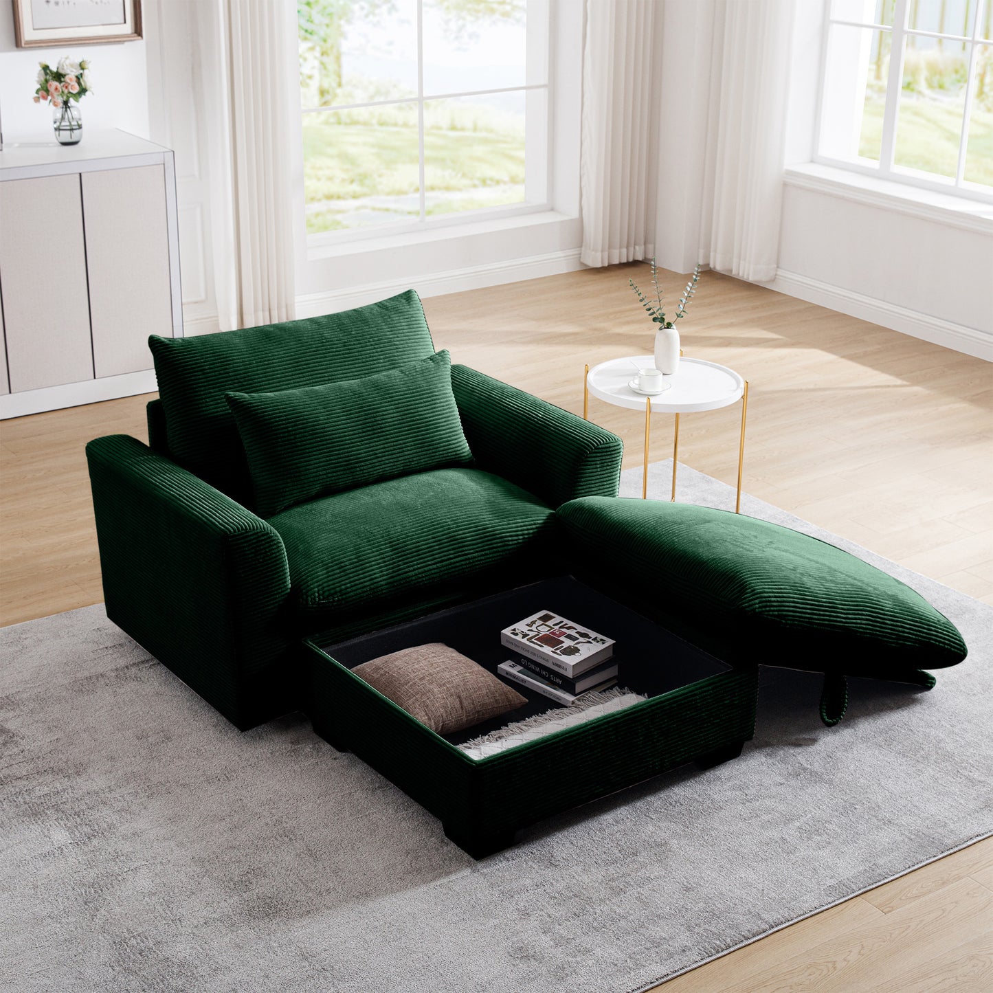 Squicer Armchair With Storage Ottoman | Green Corduroy - - sofa