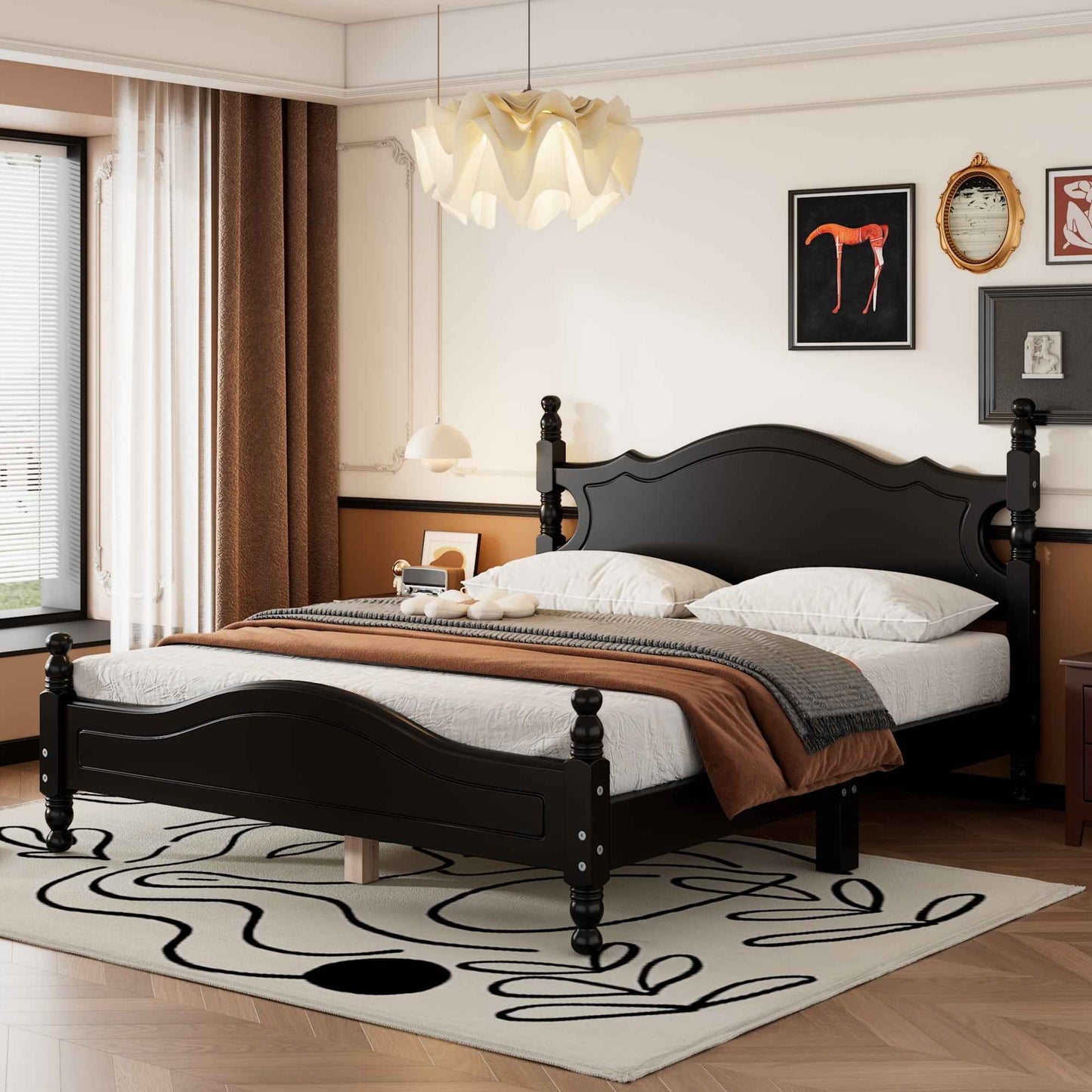 Alorne Mid-Century Retro Queen Size Wooden Bed | Black - Default - beds