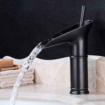 Avera Waterfall Bathroom Faucet - Black Low Profile - black bronze brushed black brushed silver chrome chrome silver gold long low profile short silver tall profile waterfall