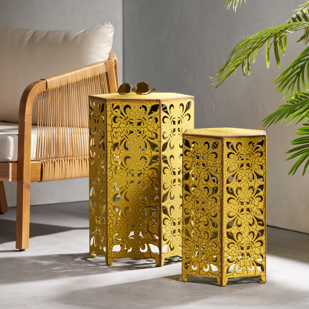 Selva 2-Piece Metal Accent Tables | Indoor & Outdoor Use | Antique Yellow - Default - garden furnishing