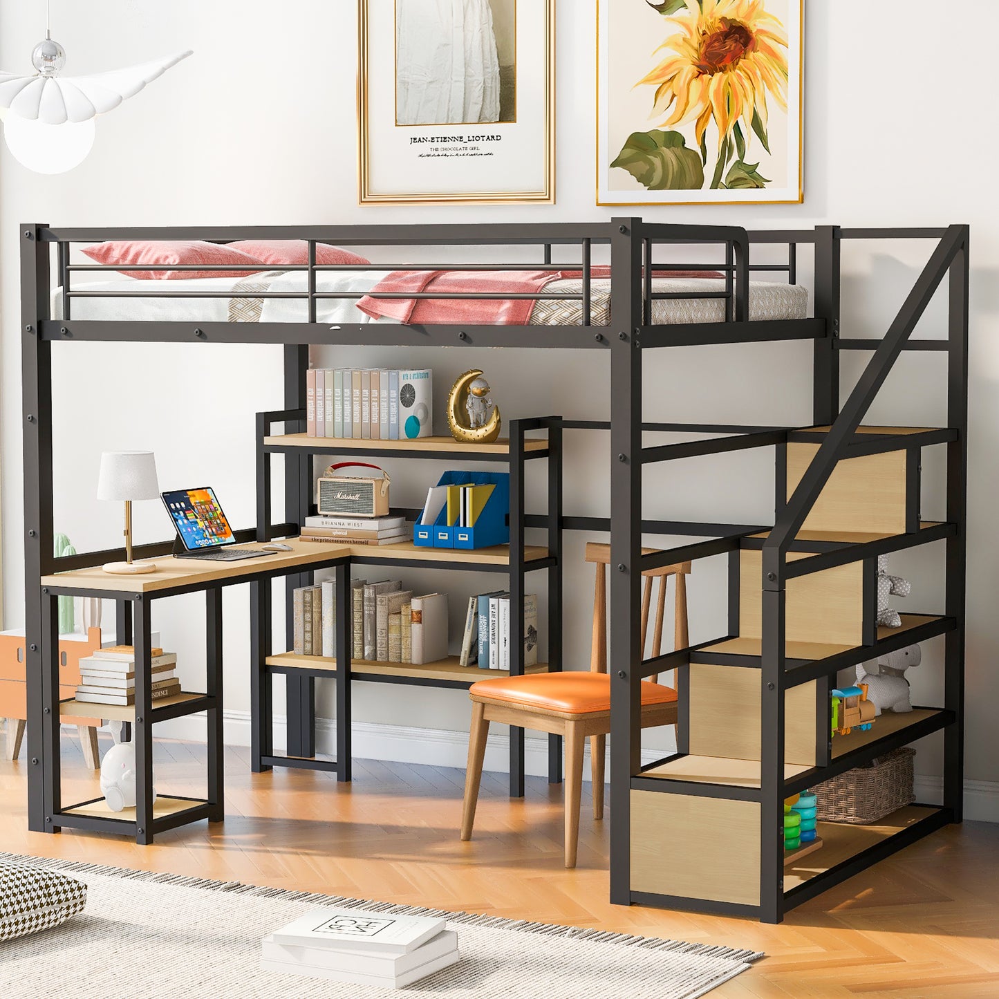 Mugushu Full Size Metal Loft bed | Staircase & Built-in Desk | Black - Default - beds