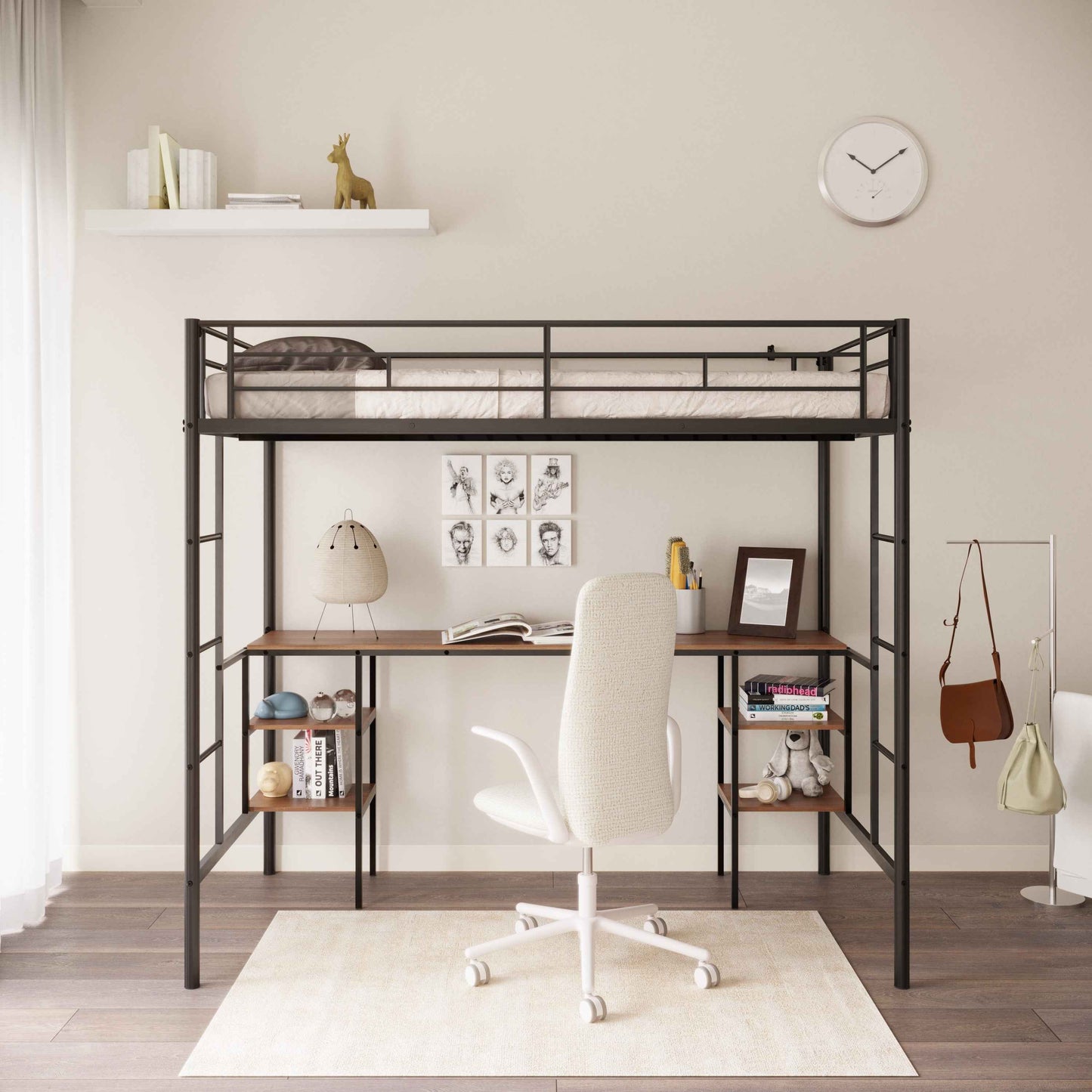 Brugar Sturdy Metal Loft Bed | Desk & Shelves | Black - Default - beds