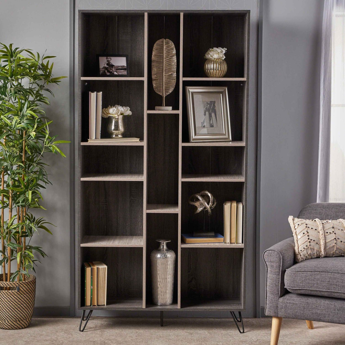 Boronda Industrial Multi-Shelving Bookcase | Grey - - bookcase grey metal wood