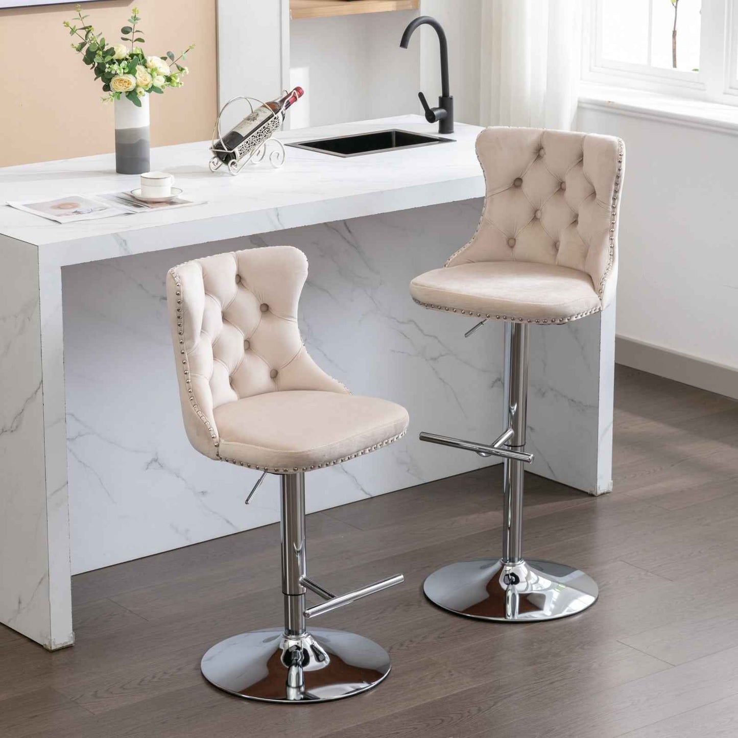 Yaves Adjusatble Swivel Bar Stools | Set of 2 | Beige - - bar stools
