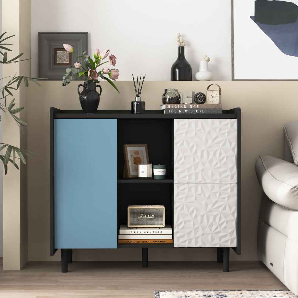 Hemsons Medium Buffet Cabinet | Black, White & Light Blue - - black blue cabinet white wood