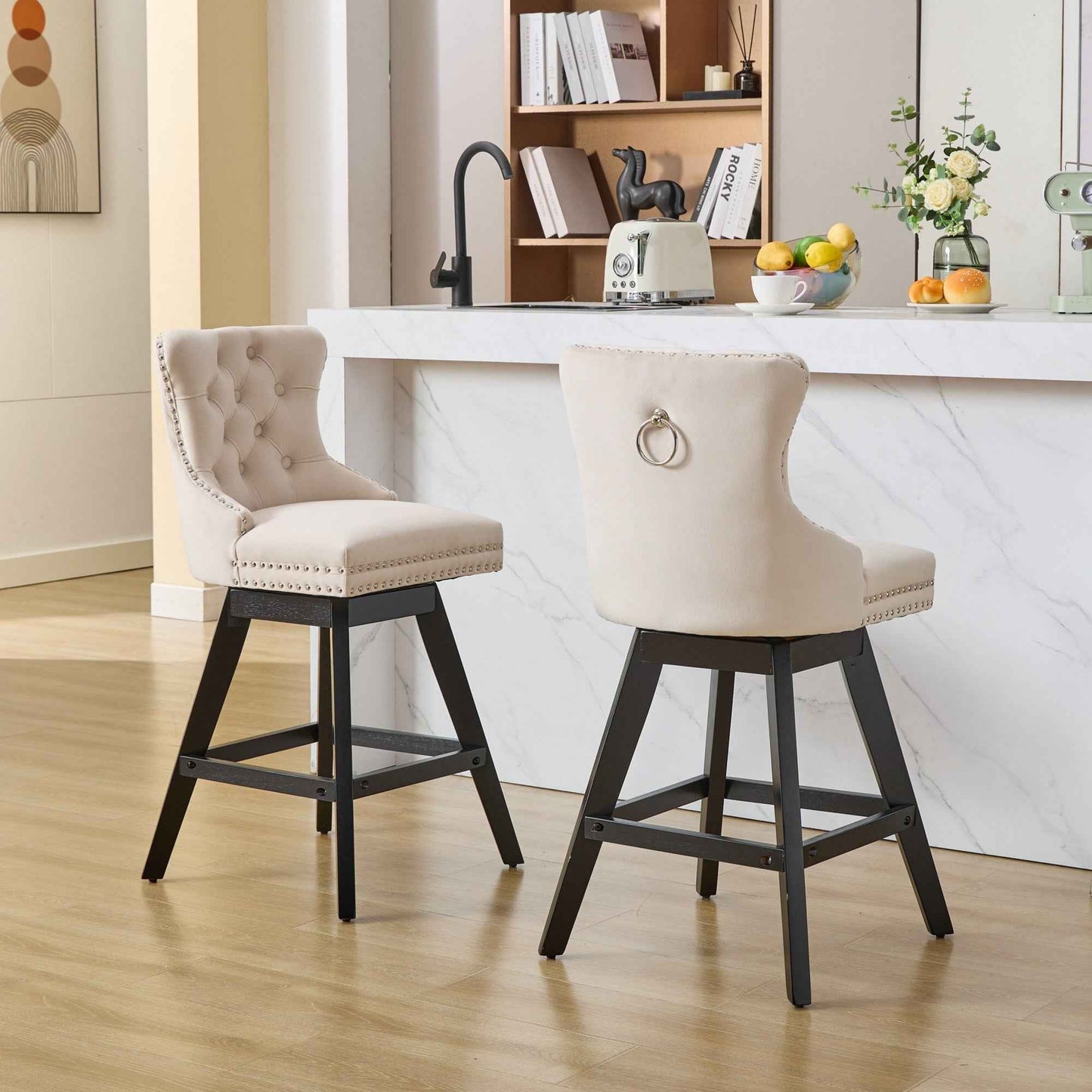 Aemina Classy Modern Bar Stools | Wooden Legs | Set of 2 | Beige Velvet - Default - bar stools