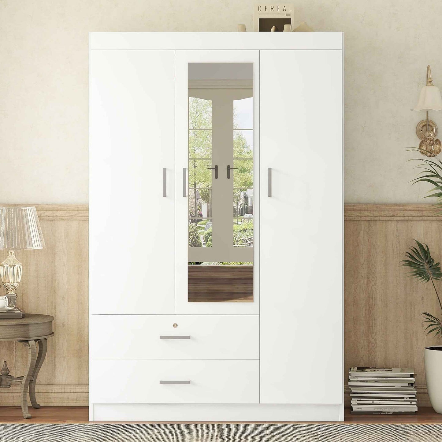 Belathe 3-Door Mirror Wardrobe | White - Default - dresser