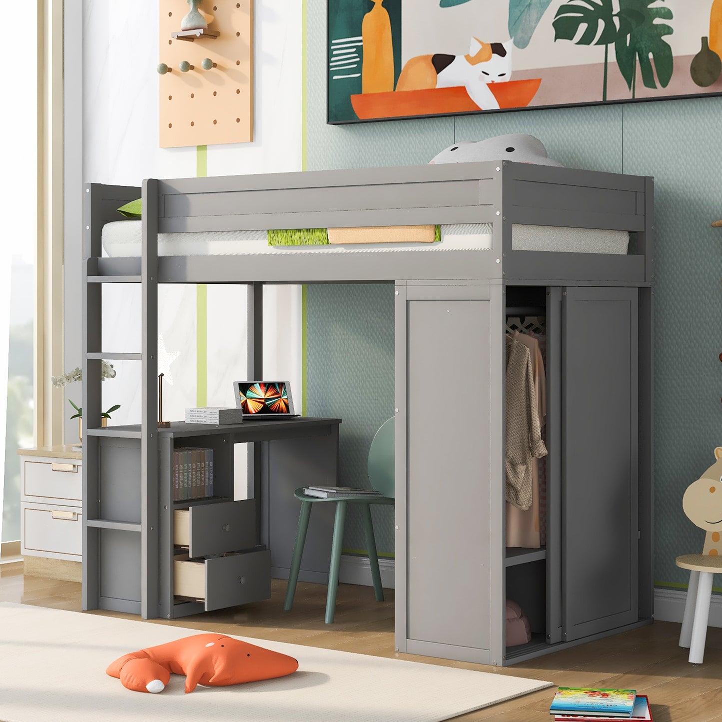 Lumbum Twin Size Loft Bed | Gray - Default - beds