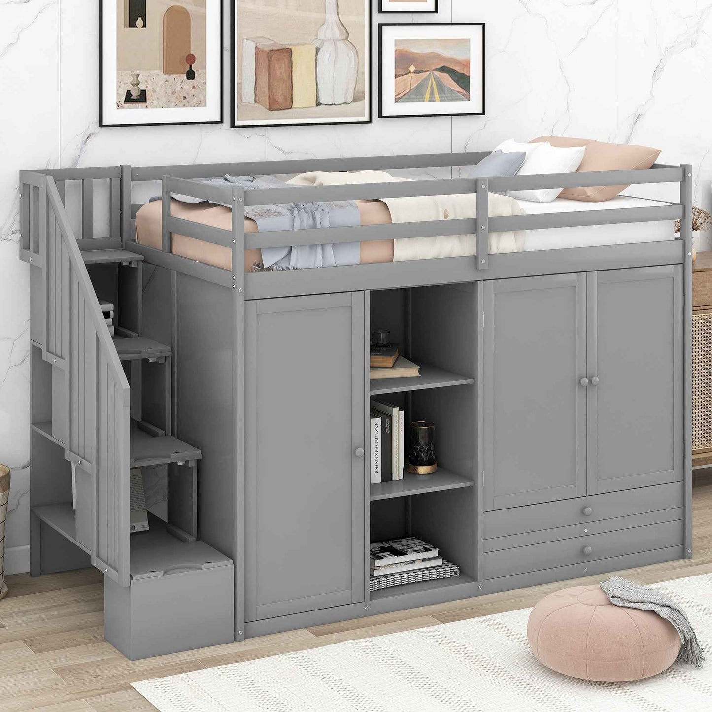 Asathel Twin Loft Bed | Wardrobe & 2 Drawers | Gray - Default - beds