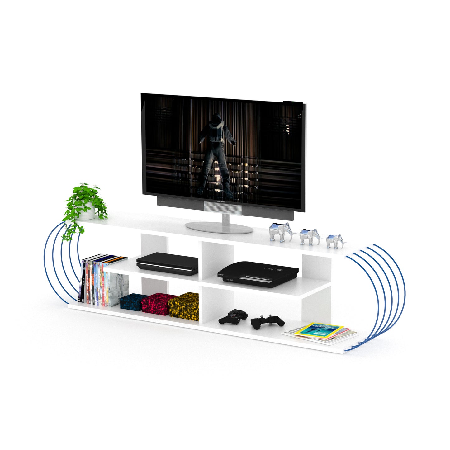 Spollis Modern Open Storage TV Stand | White & Blue - Default - tv console