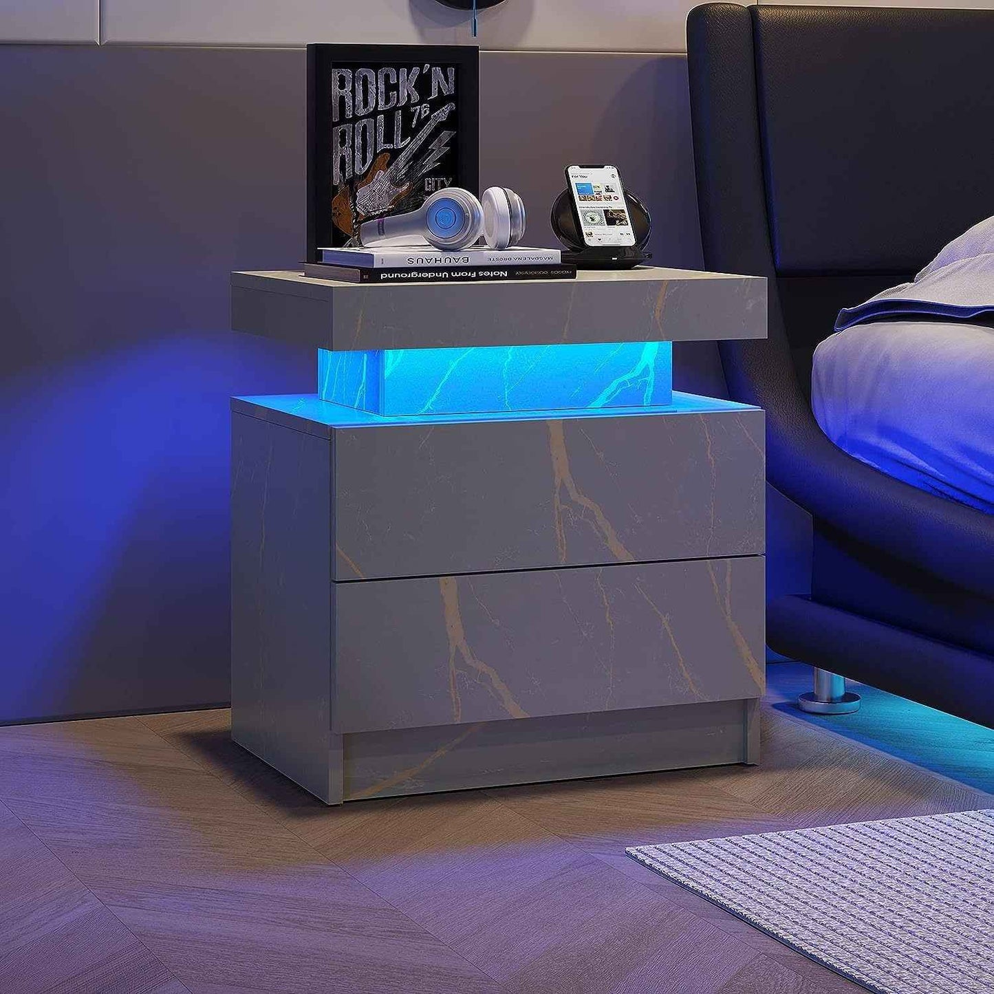 Gebozo Modern Bedside Table | LED Light | Grey Gold - Default - nightstand