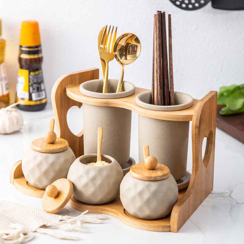 Double-Layer Tube Cutlery Storage - - Bamboo beige Ceramic Jar white Wood