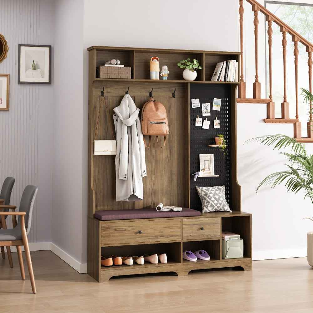Gerun Hall Tree | Bench & Multiple Storage Spaces | Brown - - brown coat rack wood