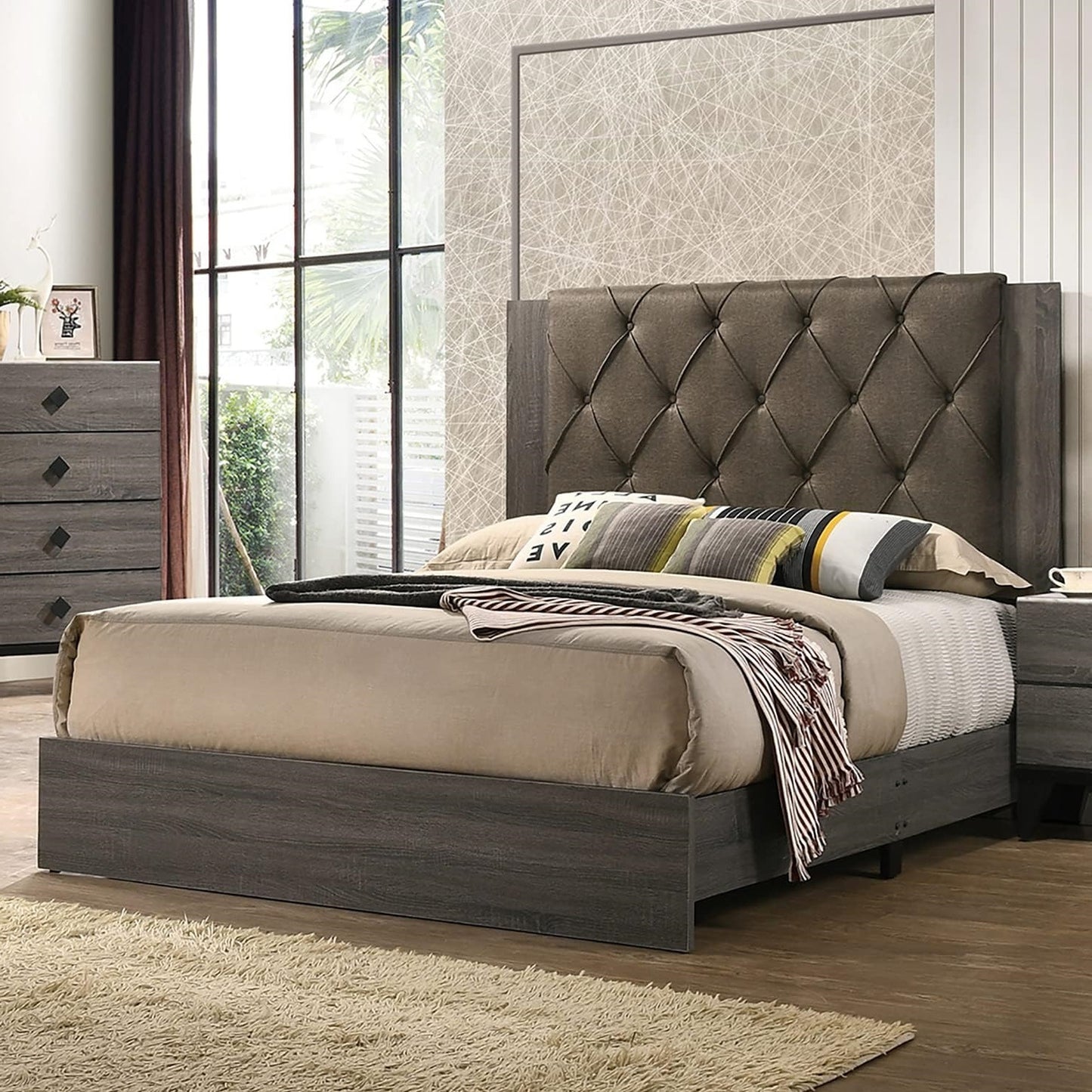 Ptimatio Queen Size Bed | Tufted Design | Gray - Default -