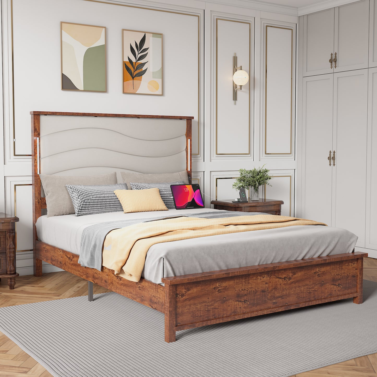 Thinelen Queen Size Bed Frame | LED Lights | Beige & Walnut - Default - beds