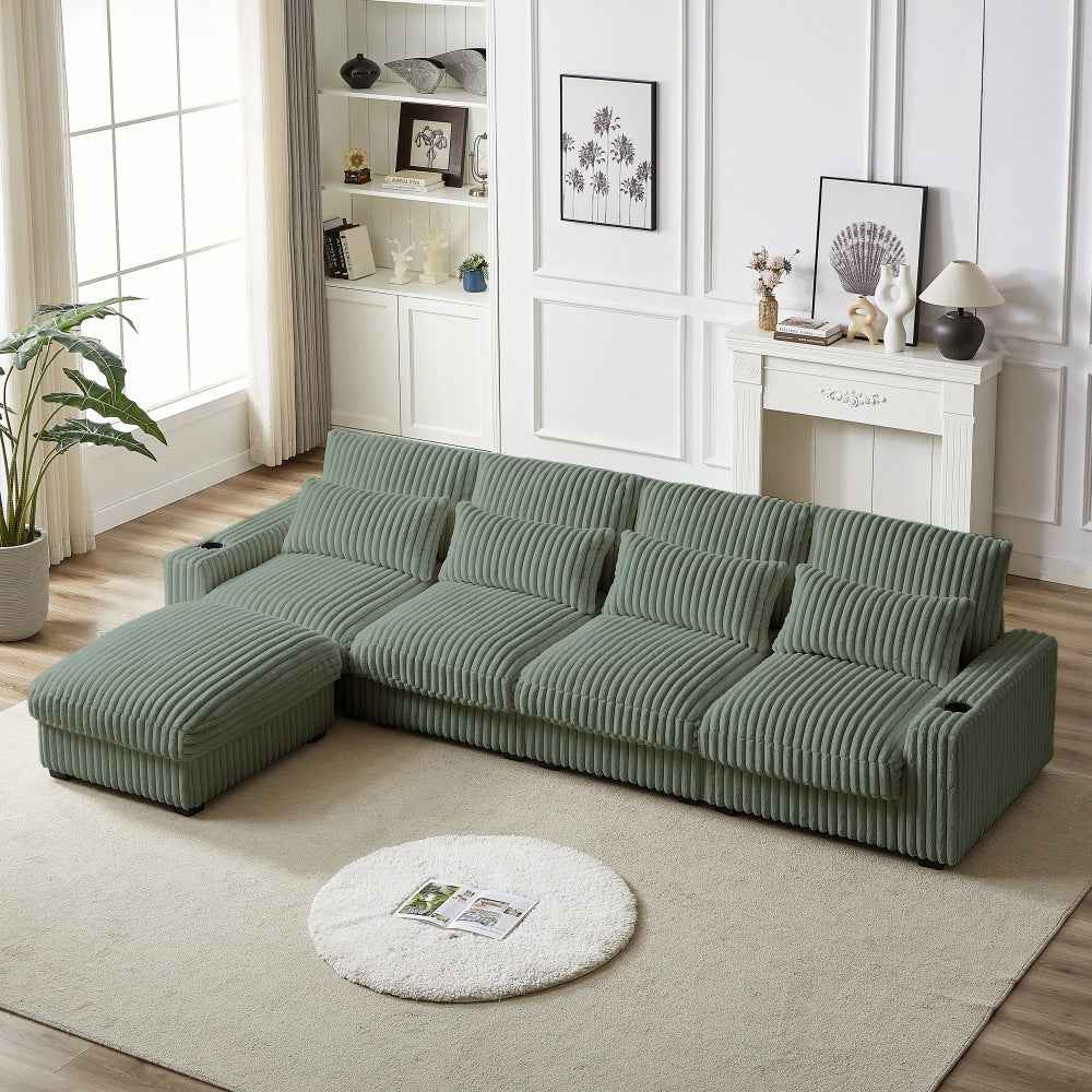 Fellex 126'' Corduroy L-Shaped Sofa | Cup Holder & USB Ports | Army Green - - sofa