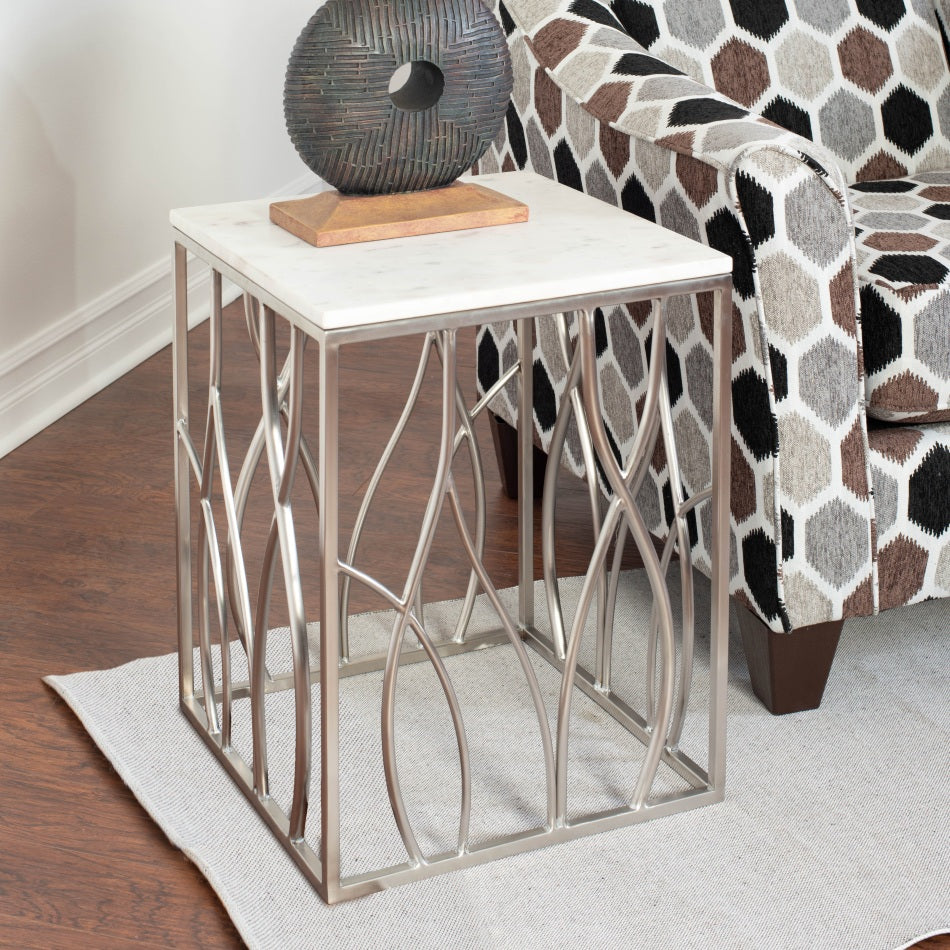 Kameral Square Marble End Table | Stainless Steel Base | White - Default - tables