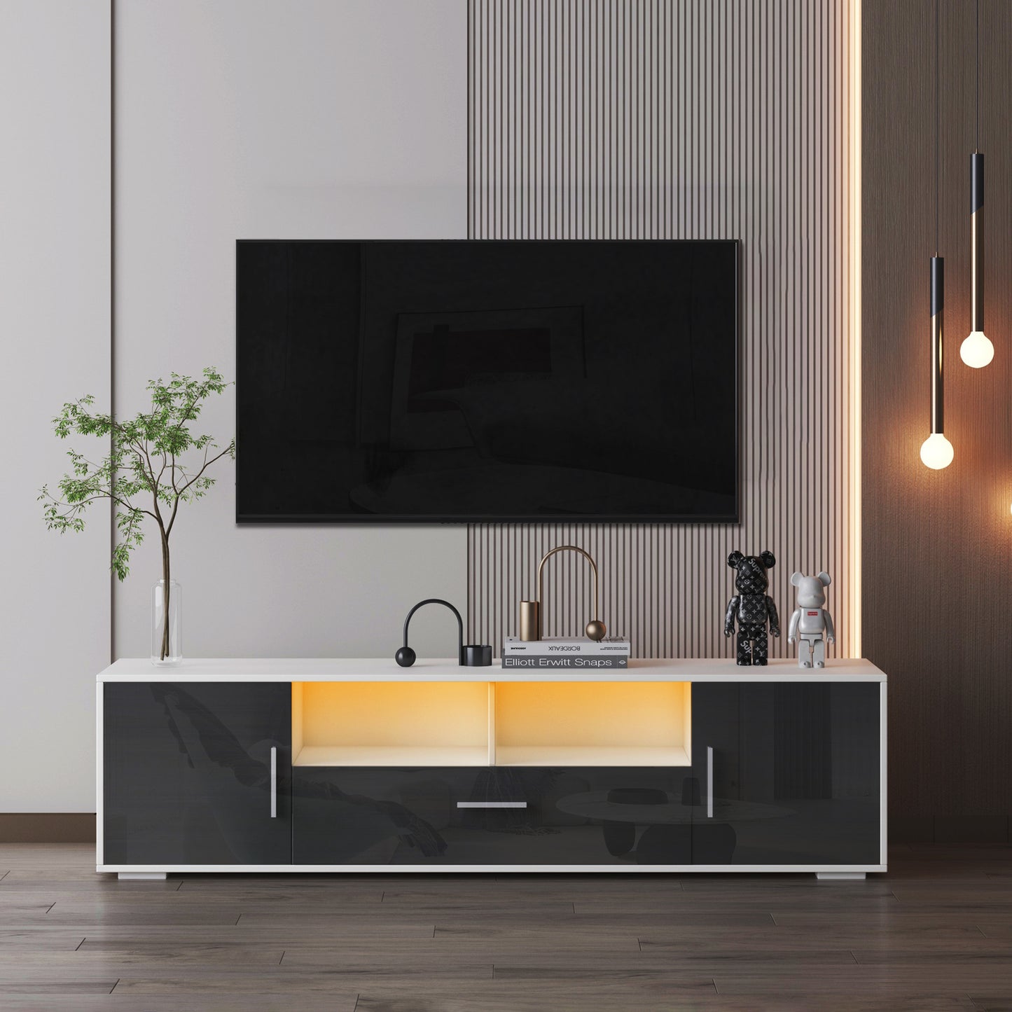 Salgon Stylish TV Cabinet | LED Lights | White & Dark Gray - Default - tv console