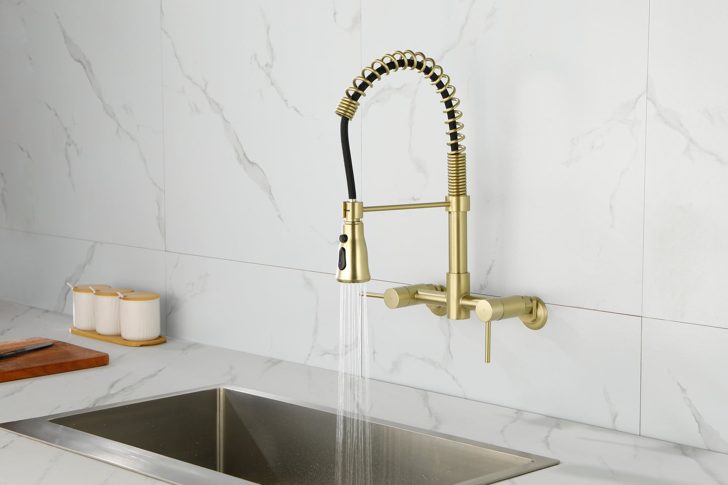 Senectus Wall Mounteded Bridge Kitchen Faucet | Brushed Gold - Default - kitchen faucets