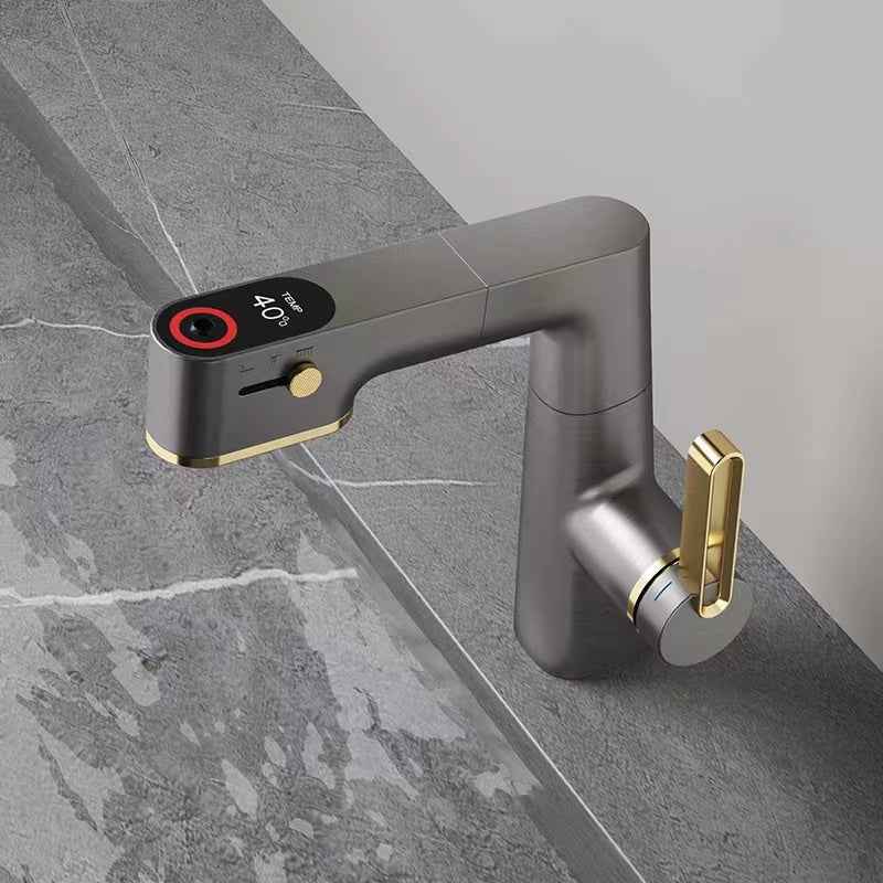 Tyrrex Pull-Out & LED Bathroom Faucet - Gun Grey - charcoal grey grey gun grey temperature display white